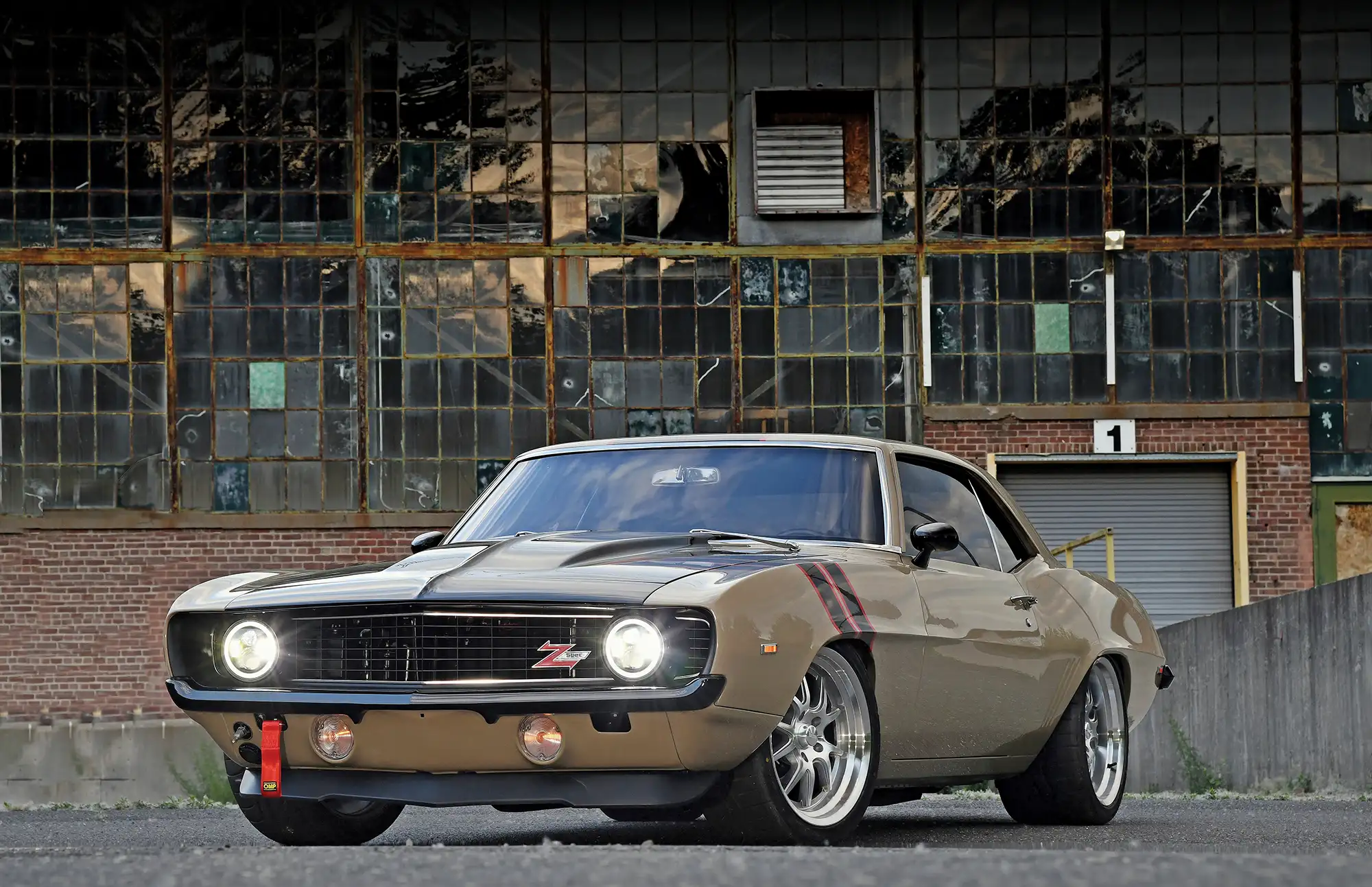 1969 Camaro front-end custom splitter LED halo headlights race tow strap