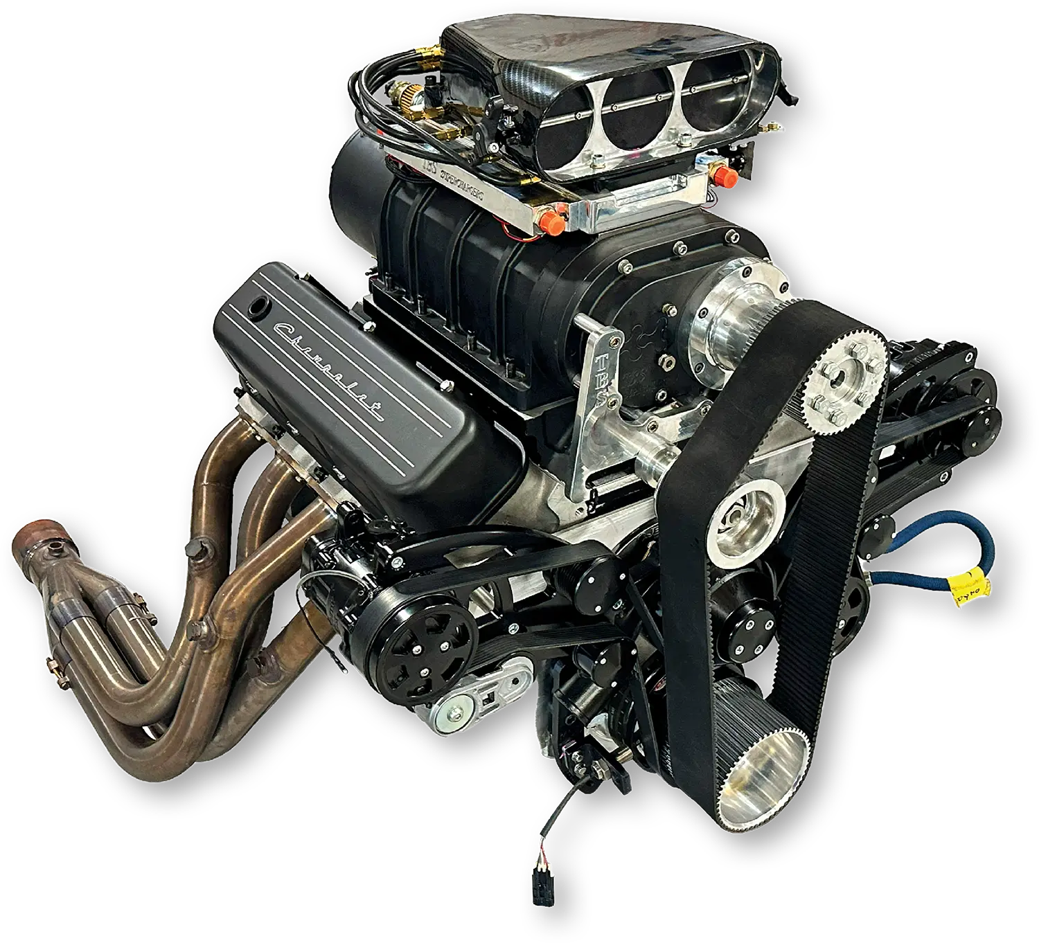 Blown big block Chevrolet supercharged engine twin throttle bodies billet pulleys custom headers