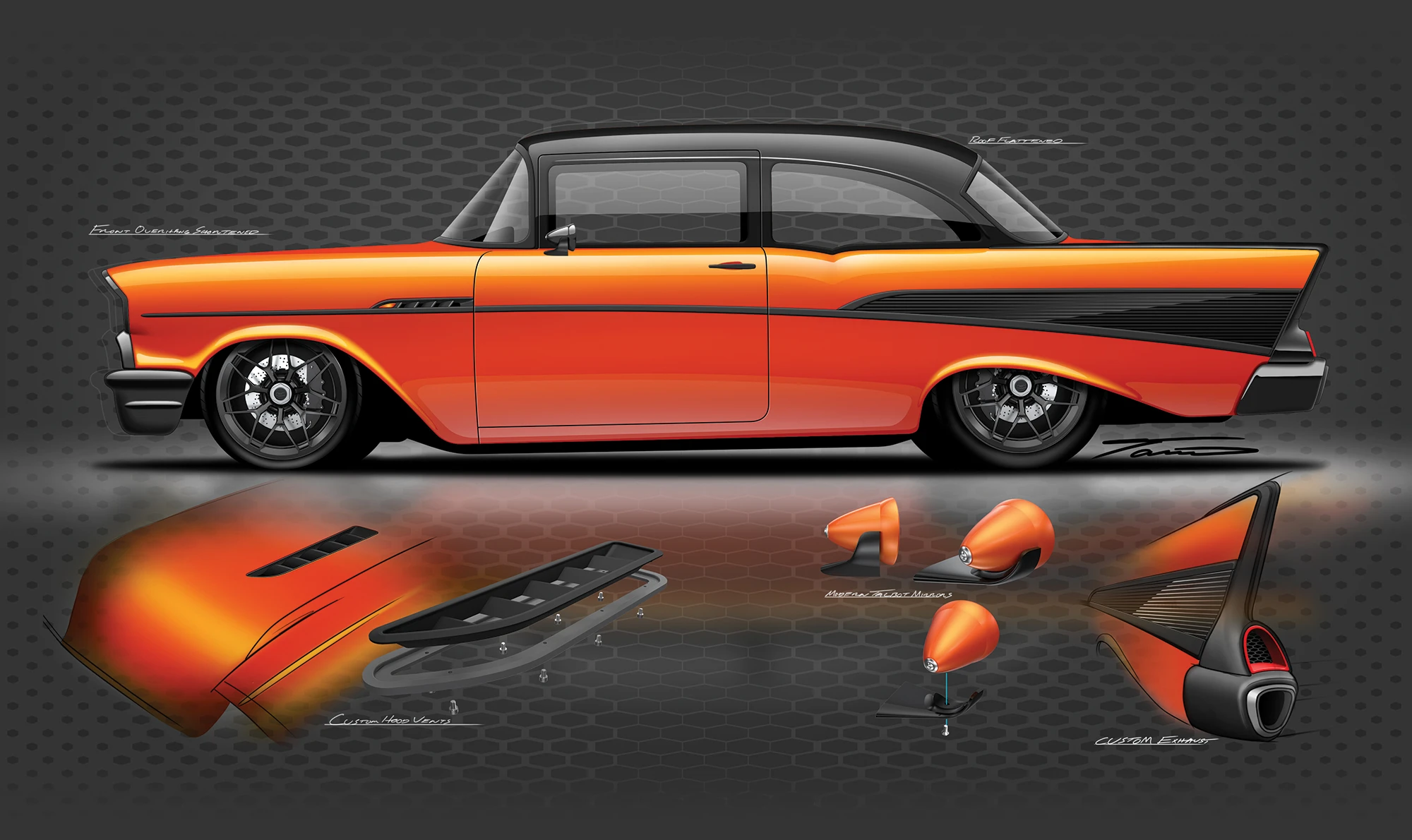 Illustration of a classic orange and black car with custom parts against a dark, patterned background.