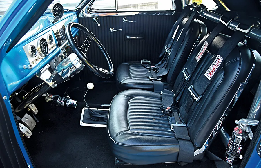 1939 Chevy Gasser interior featuring black bucket seats with G-Force racing harnesses