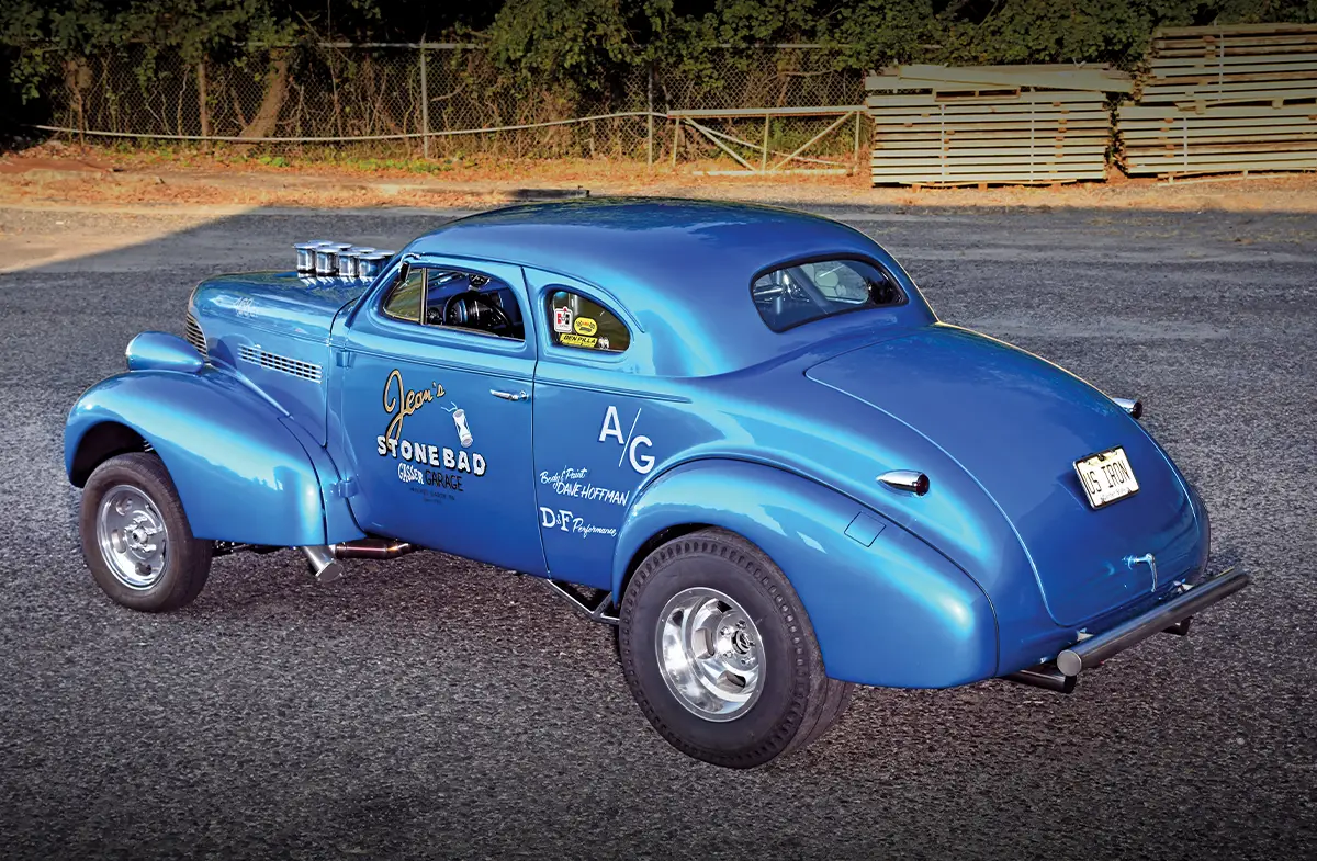 1939 Chevy Gasser coupe with vintage lettering and bright blue paint