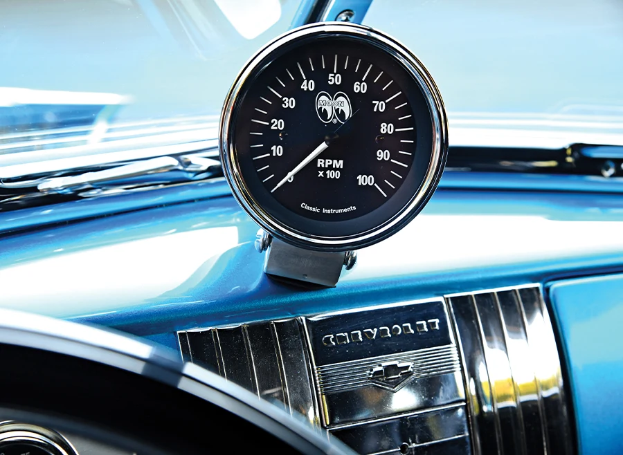 1939 Chevrolet Gasser Moon tachometer mounted on the dash for classic race styling