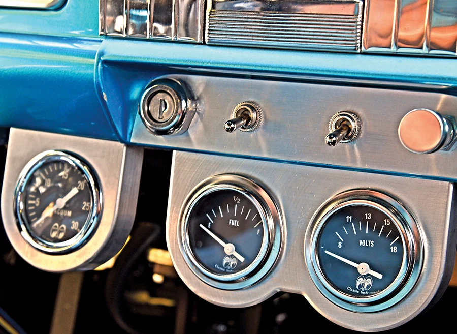 1939 Chevy Gasser dashboard with custom Classic Instruments gauge cluster and toggle switches