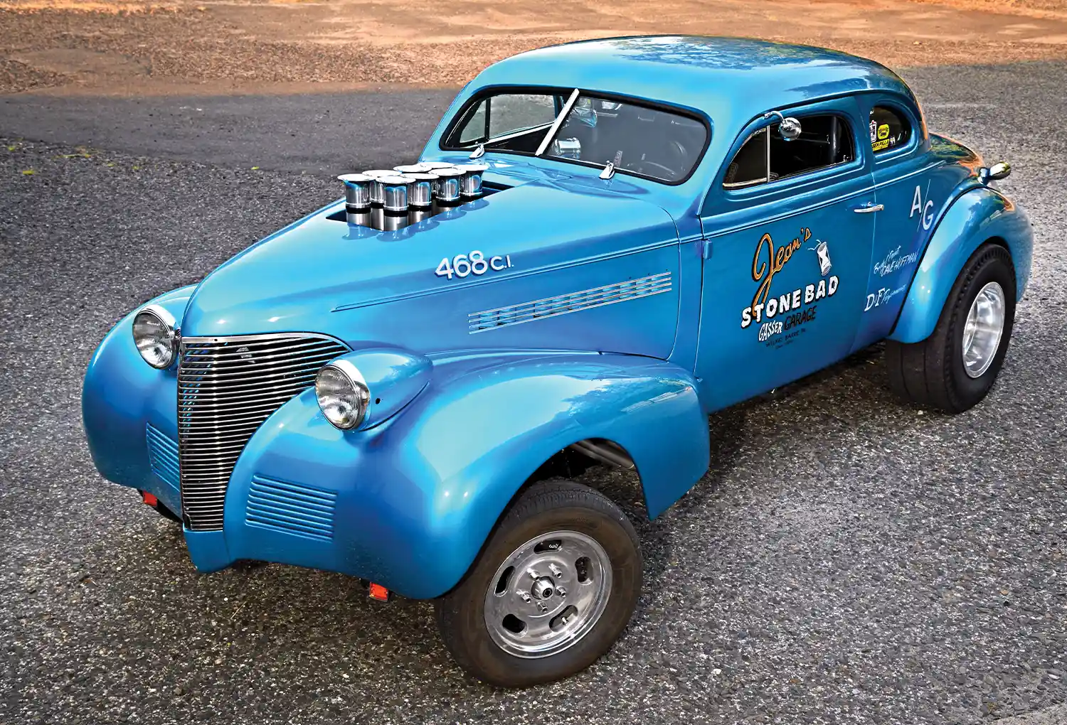 1939 Chevrolet Gasser with lifted front end and deep-dish rear drag wheels