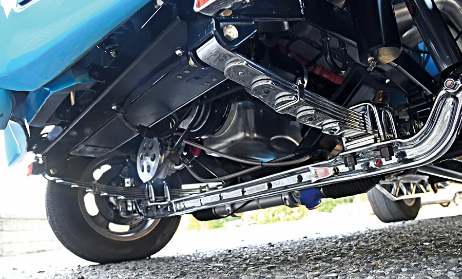 1939 Chevy Gasser front straight-axle suspension with chrome components and leaf springs