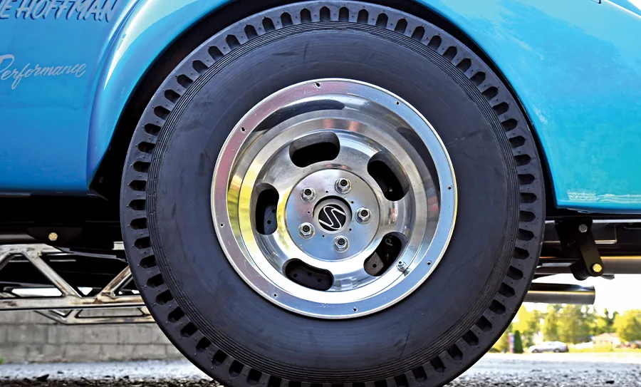 1939 Chevrolet Gasser rear wheel with vintage drag racing slicks and slotted aluminum rims
