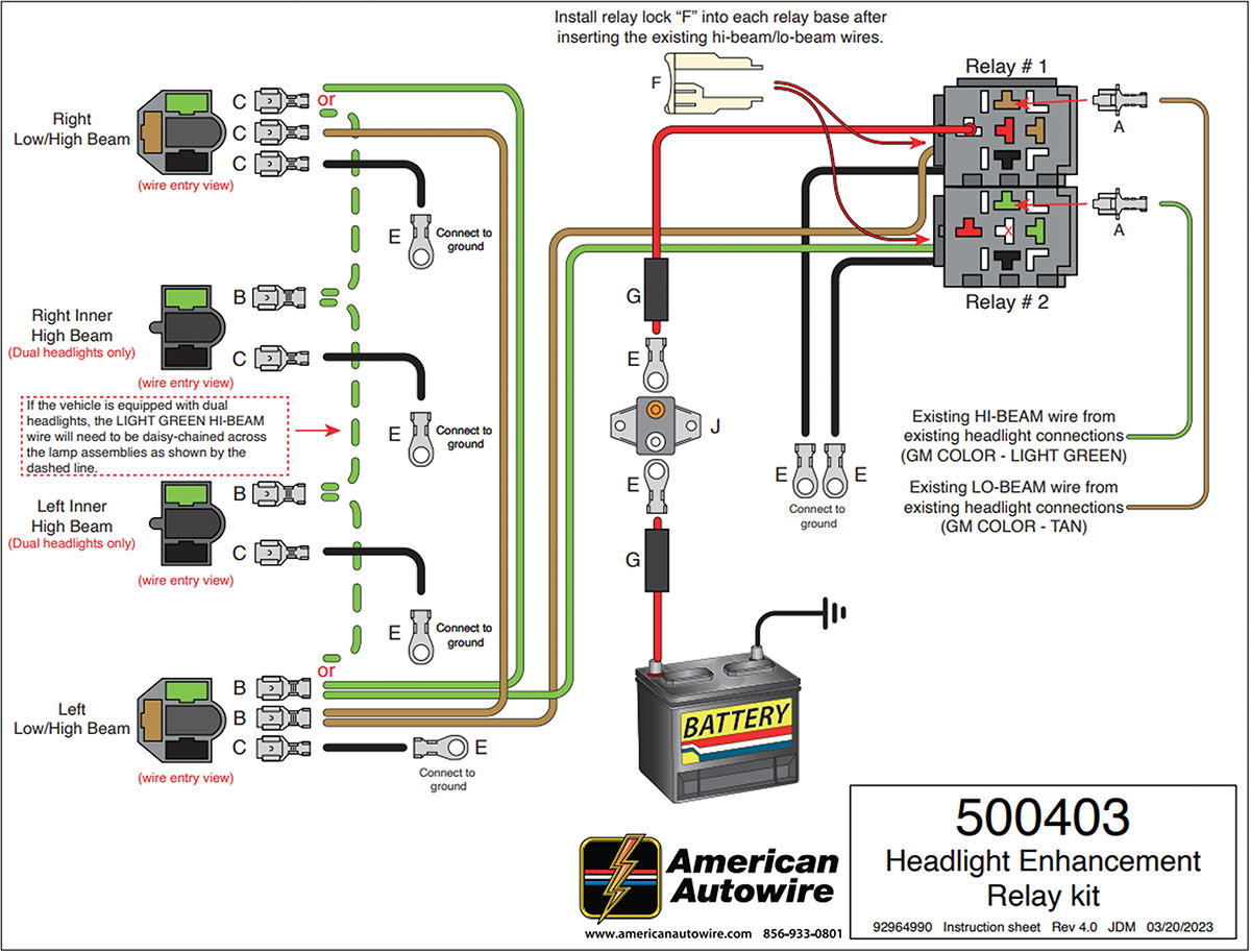 American Autowire headlight enhancement relay kit wiring diagram for classic GM vehicles