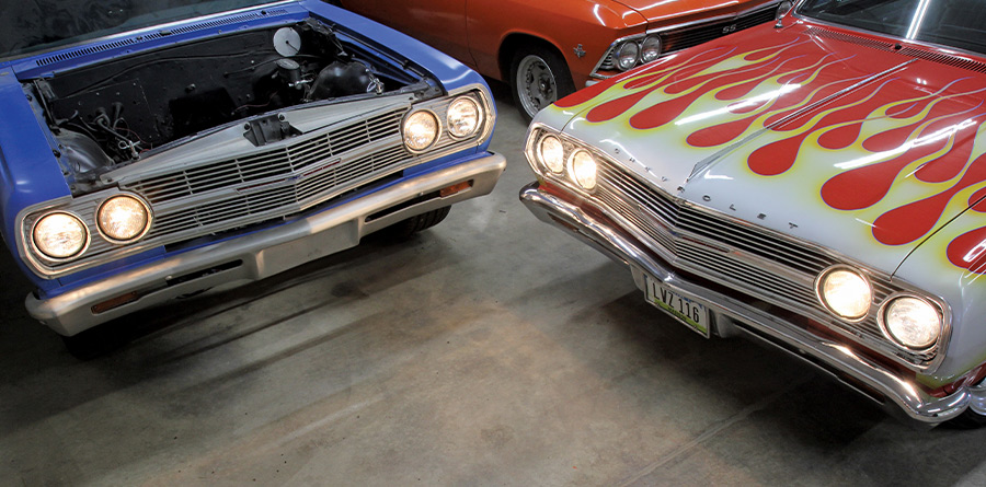 1965 Chevrolet El Camino pair with headlights on, showcasing a flame-painted and a blue project car