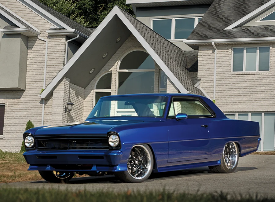 1966 Chevrolet Nova with blacked-out grille and modern LED headlights