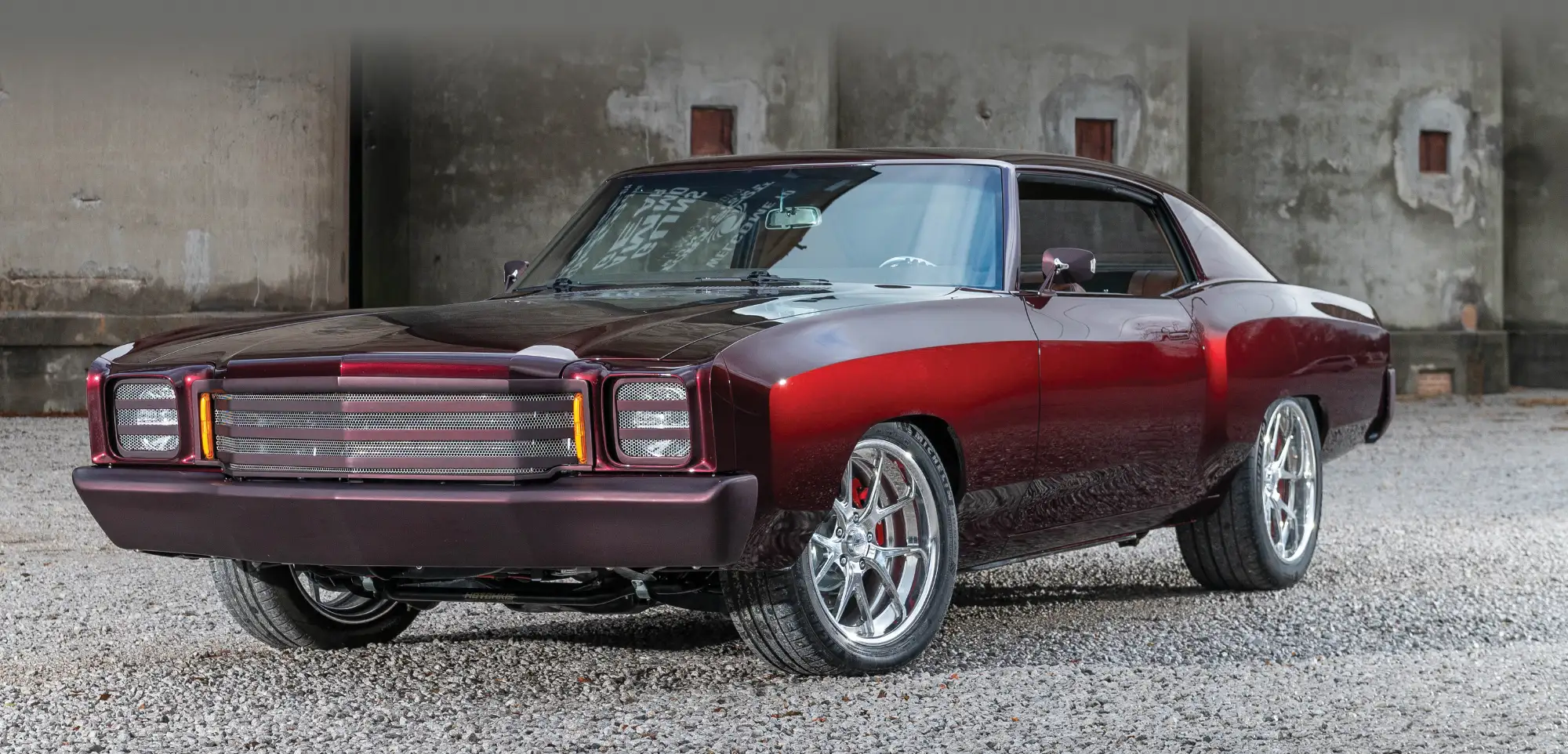 1972 Monte Carlo custom pro-touring burgundy mesh grille LED headlights