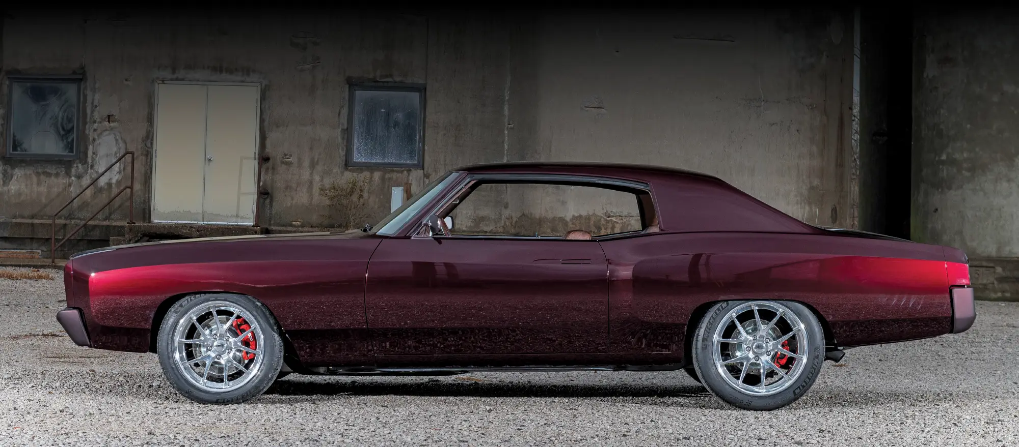 1972 Monte Carlo profile view shaved body flush glass pro-touring build