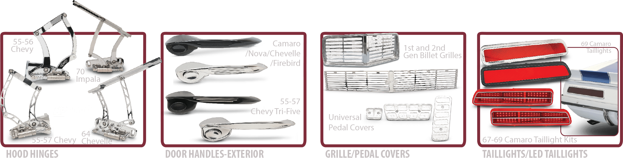 hood hinges, door handles-exterior, grille/pedal covers, taillights/led taillights
