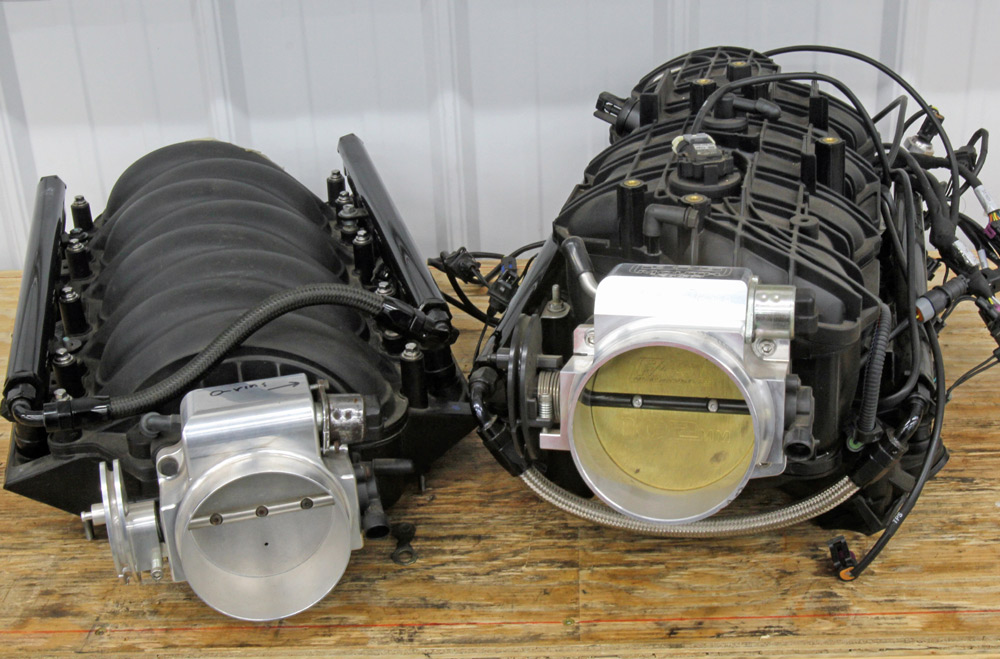 Comparison of LS1 and LS3 intake manifolds with throttle bodies, showing upgrade potential for 1997-2013 builds