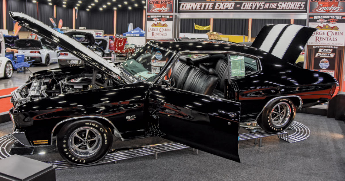 1970 Chevrolet Chevelle SS 454 in Tuxedo Black with white stripes, Firestone Wide Oval tires, and cowl hood
