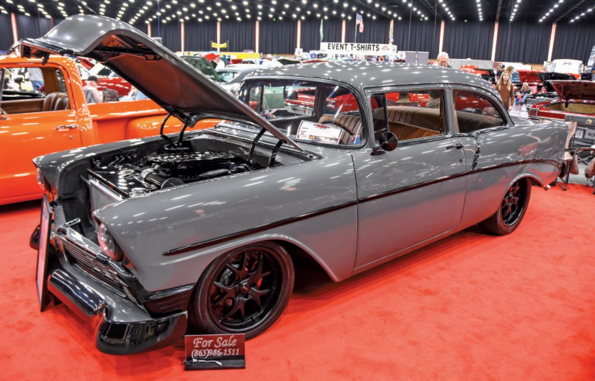 1956 Chevrolet 210 in custom gray with blacked-out trim, black wheels, and smoothed body for sale