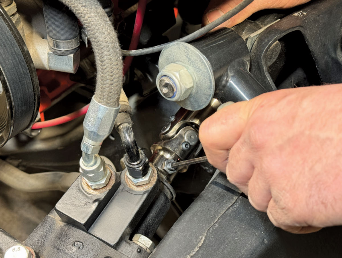 1971 Camaro steering shaft U-joint secured to steering box under engine bay