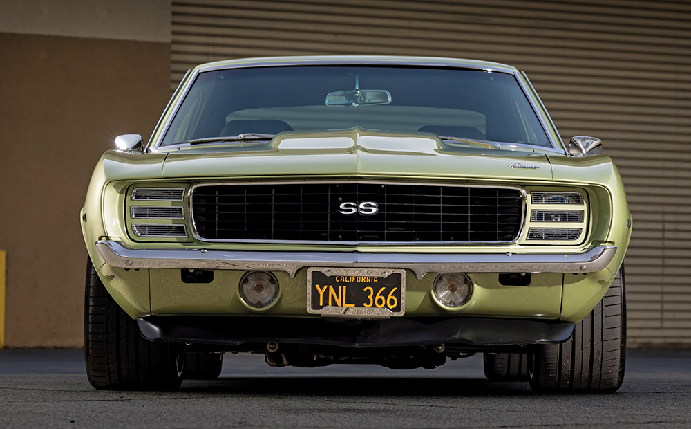 1969 Chevrolet Camaro SS head-on front view showcasing blacked-out grille and SS badging