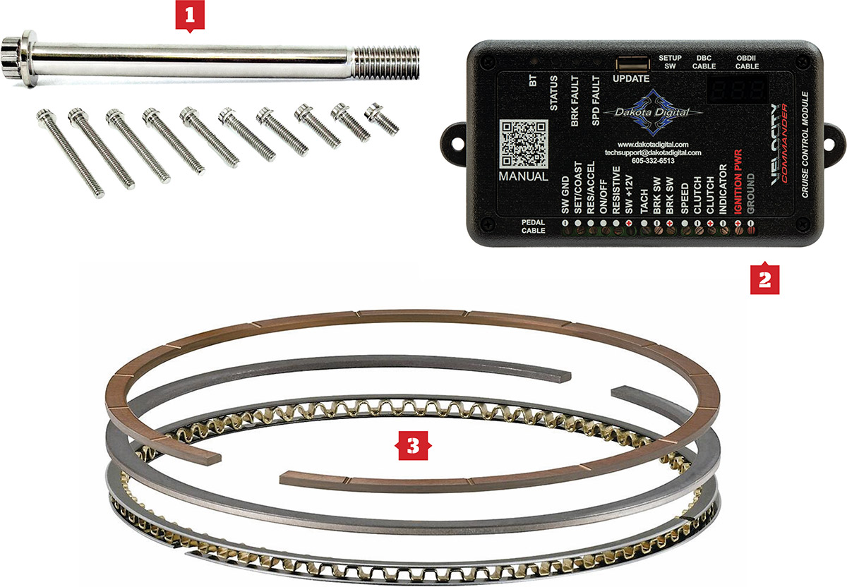 ARP premium stainless steel fastener line, Dakota Digital’s VCM-100 Series Cruise Control, and Summit Racing Pro GPX Gas Ported Piston Rings