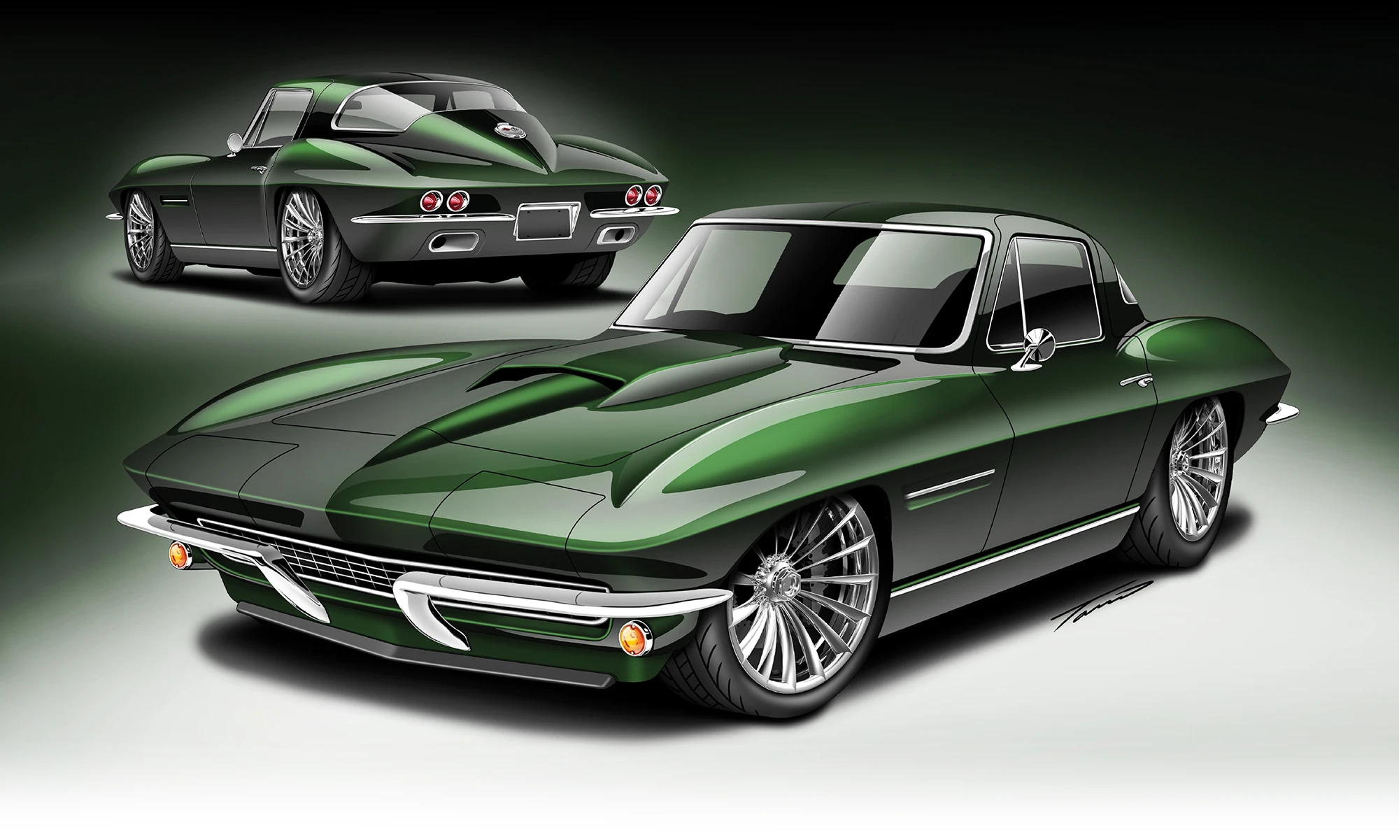 Digital illustration of two classic green sports cars with chrome details.