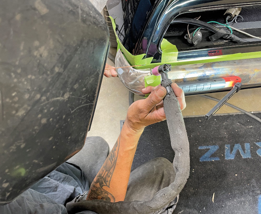 1969 Camaro bumper corner TIG welded to main bar for a clean, tucked rear appearance
