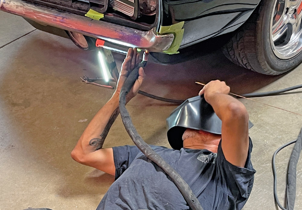 1969 Camaro front bumper TIG welded into final position while mounted to car