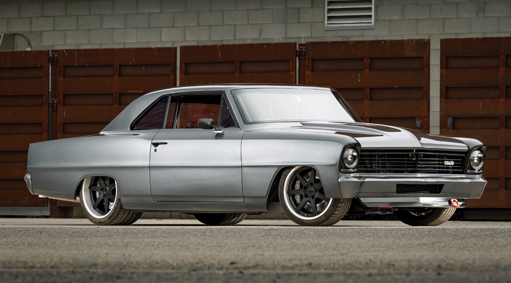 1966 Chevy Nova silver metallic with black accents and aggressive autocross setup