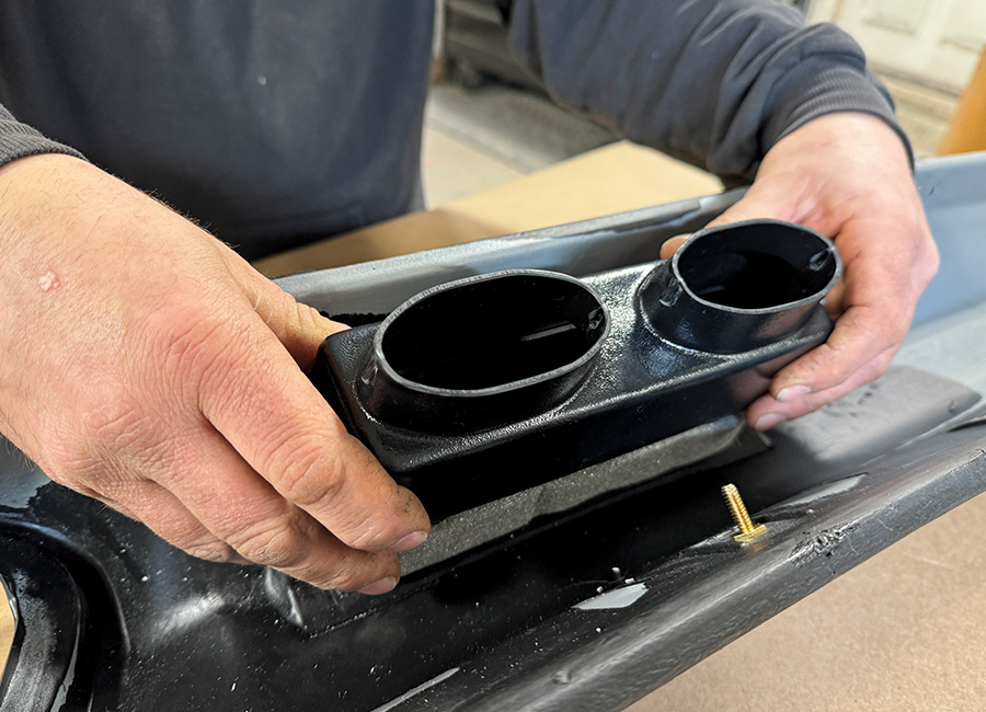 Follow by installing the Vintage Air center louver duct hose adapter. Using the (two) mounting holes on the bottom of the adapter as a guide, drill (two) 1/8-inch holes in the bottom of the vent assembly and secure to the vent assembly using the provided hardware