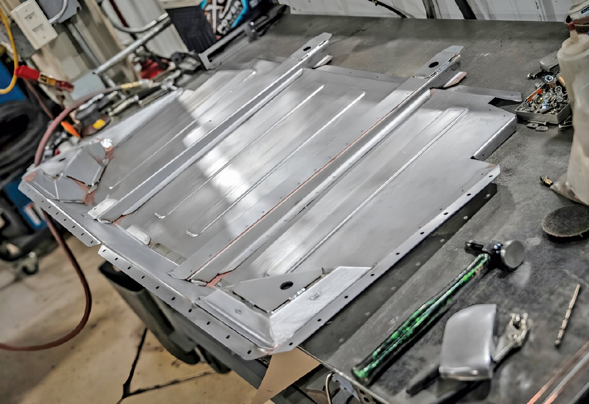 1968 Camaro rear pan nearing final assembly with support structures tacked in place