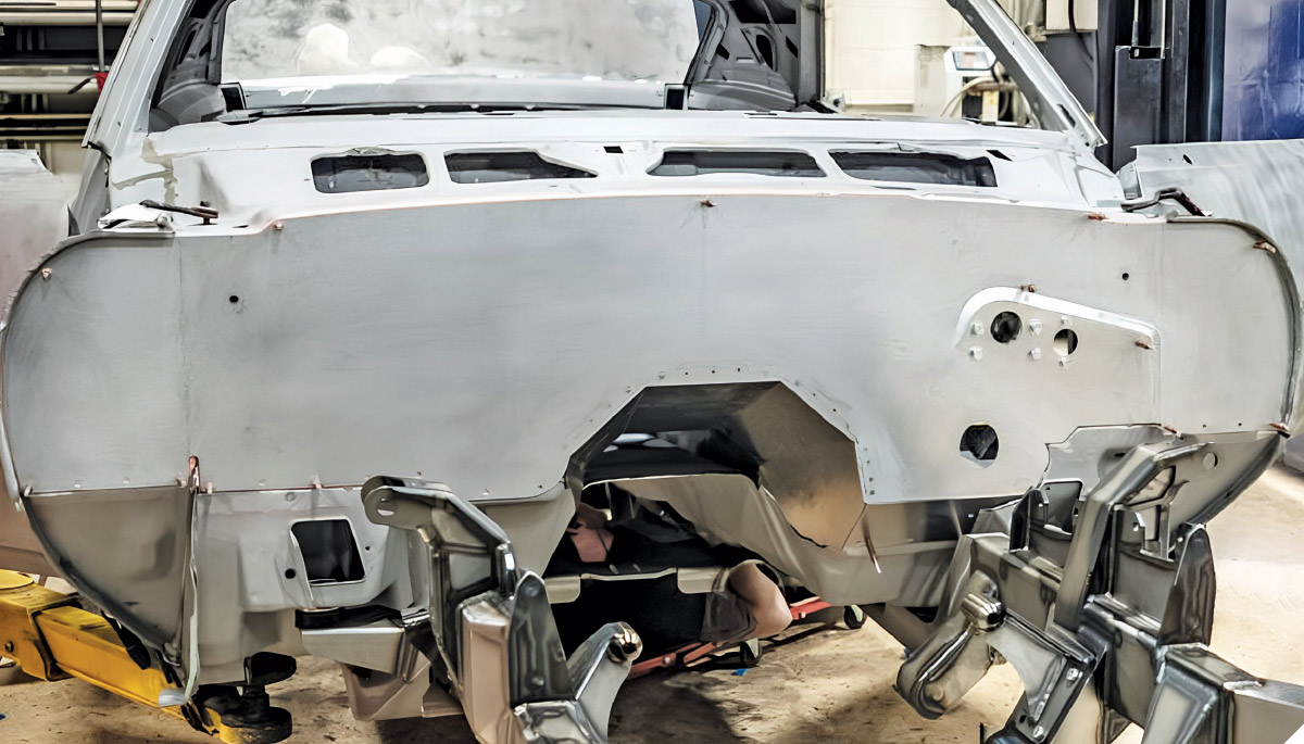 1968 Camaro custom firewall installed and fitted with transmission tunnel notch cutout