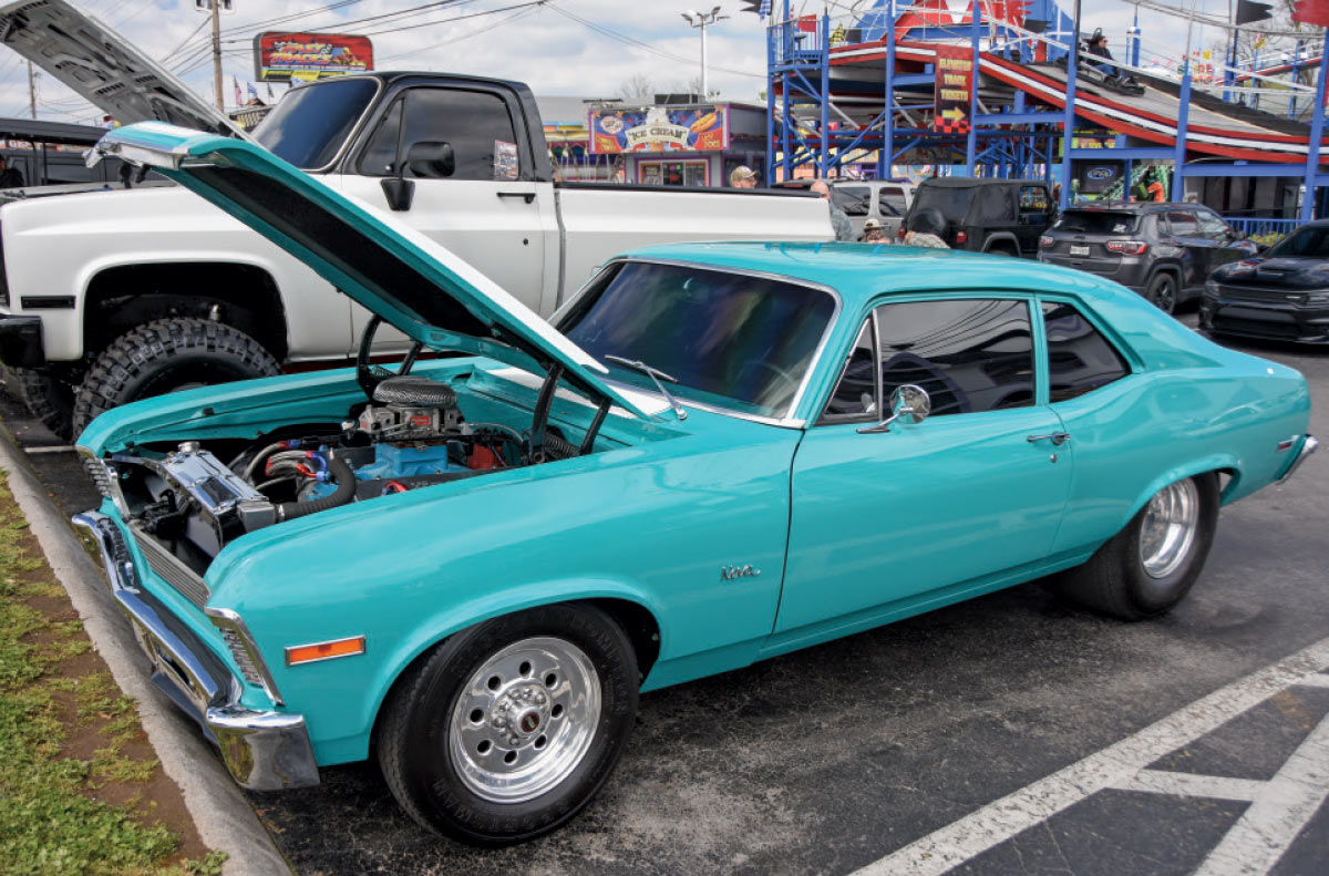 1970 Chevy Nova turquoise street machine drag setup tucked stance