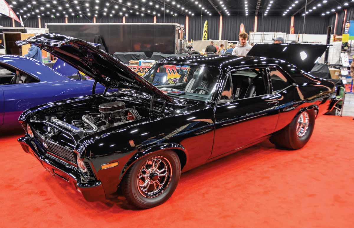 1970 Chevy Nova Pro Street black drag build with polished Weld Racing wheels