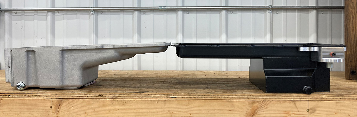 Holley 302-2 cast pan is on the left with the Summit sheetmetal pan on the right