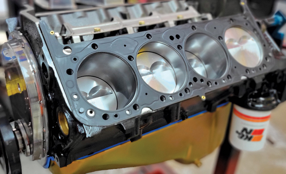 closeup of hypereutectic Keith Black pistons with two valve pockets