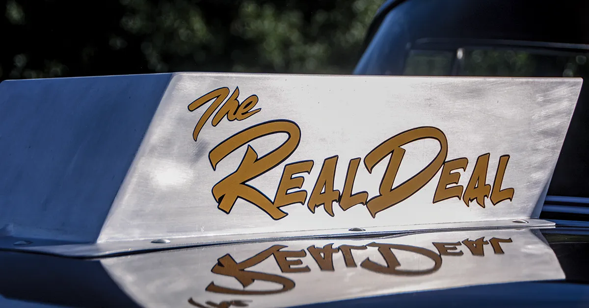 1955 Chevy Gasser teardrop hood scoop “The Real Deal” lettering drag style