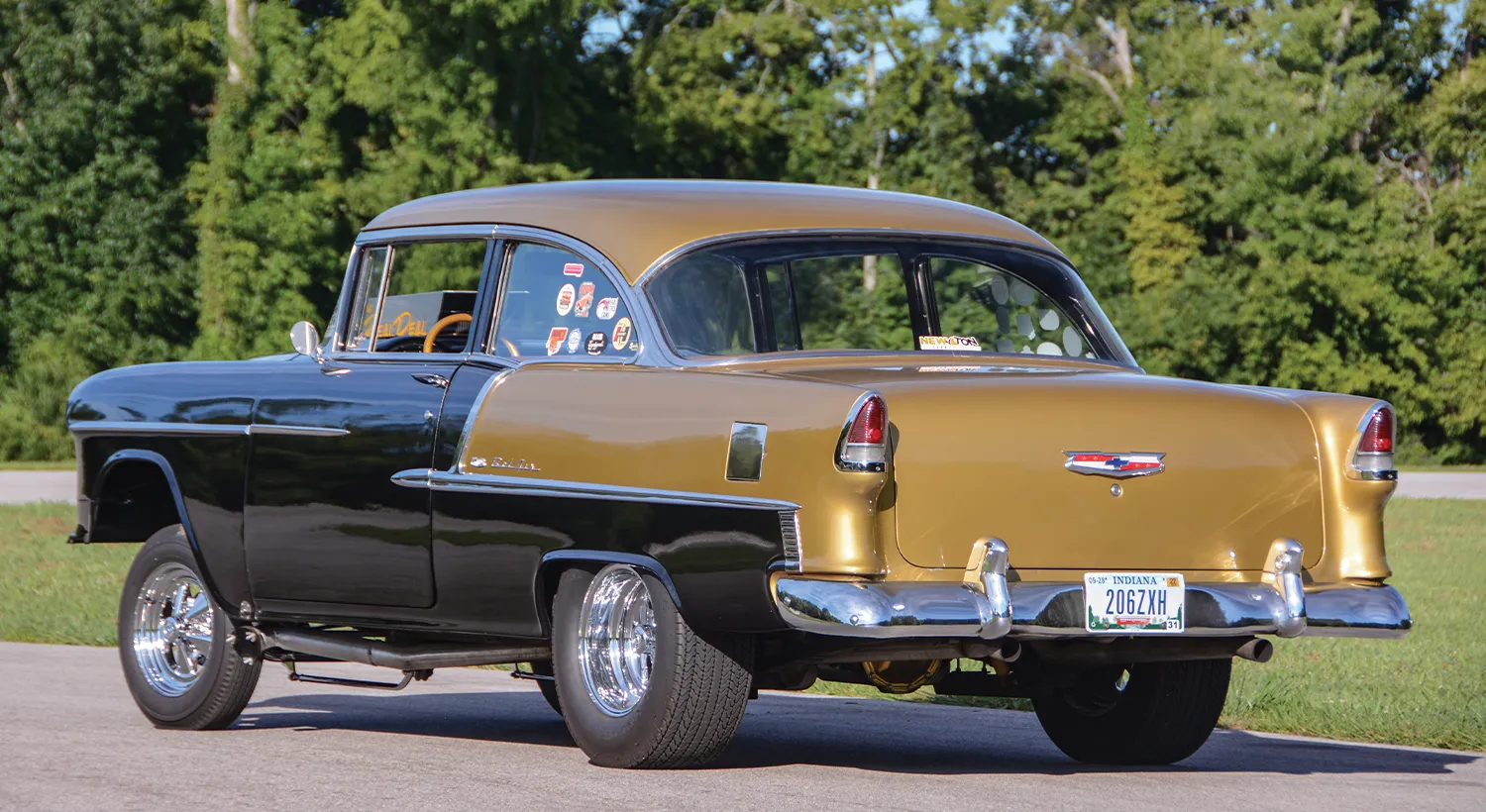 1955 Chevy Gasser rear slicks Bel Air trim gold paint