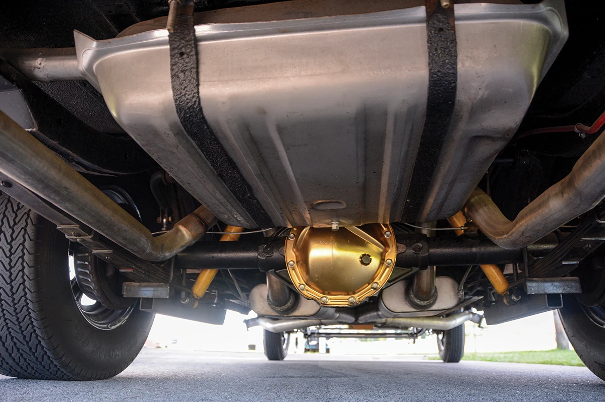 1955 Chevy Gasser rear end gold differential cover dual exhaust leaf spring suspension