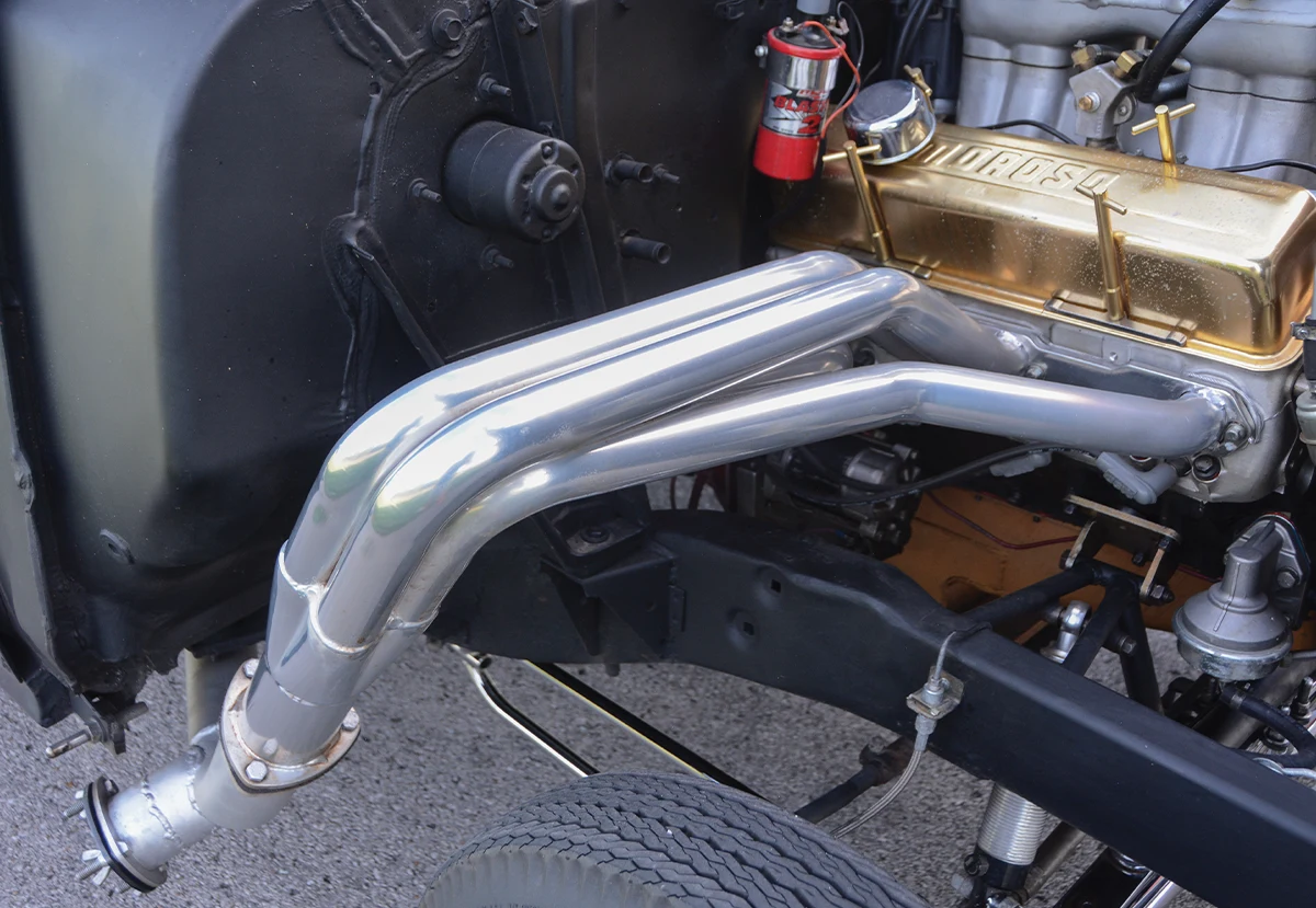 1955 Chevy Gasser chrome fenderwell headers Moroso gold valve covers