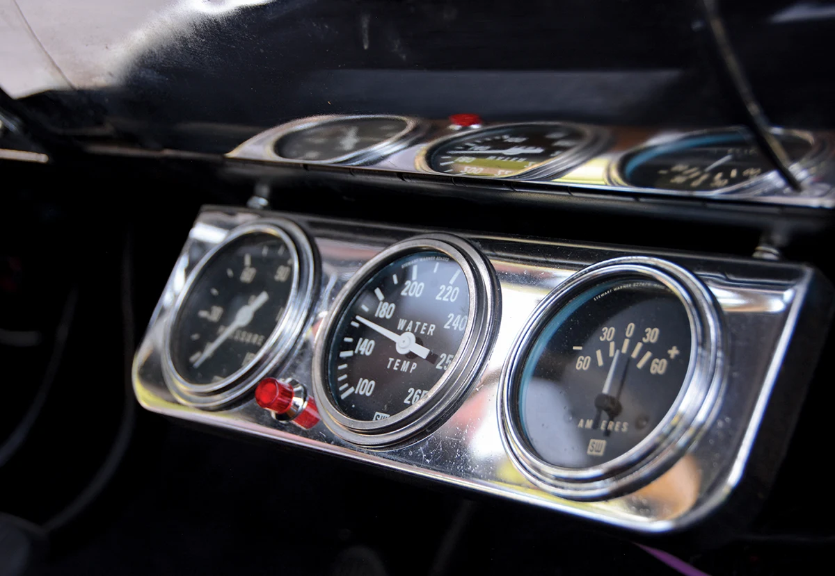 1955 Chevy Gasser underdash gauges water temp oil pressure ammeter chrome panel