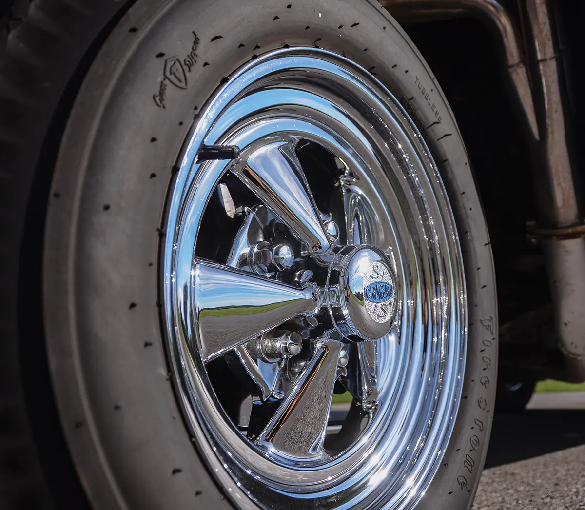 1955 Chevy Gasser front Cragar SS chrome wheel with Firestone bias-ply slick