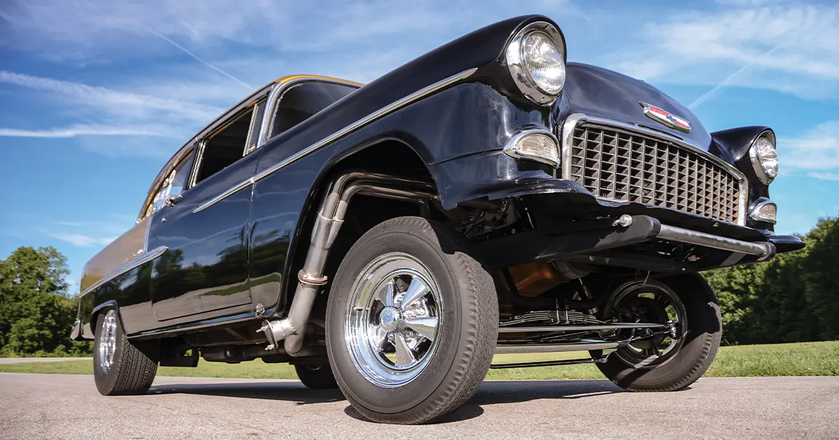 1955 Chevy Gasser low angle chrome wheels fenderwell headers
