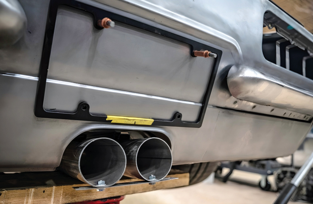 1968 Camaro dual exhaust mock-up rear cutouts Cleco pins license frame test fit