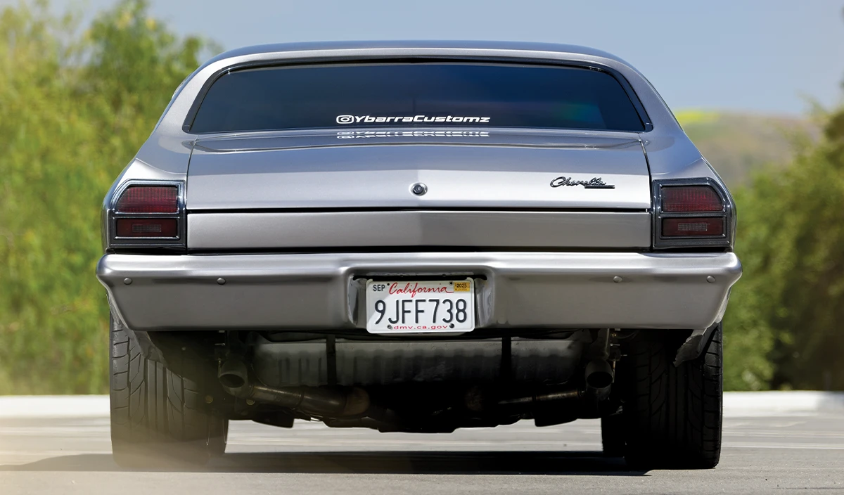 1969 Chevelle rear view dual exhaust YbarreCustomz decal California plate