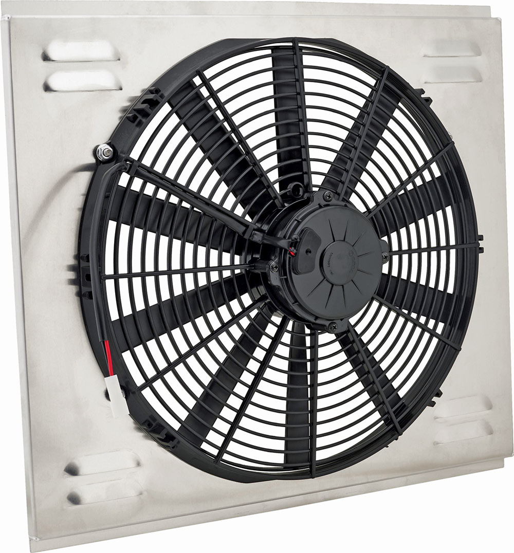 Derale 16-inch fan mounted to aluminum shroud curved blade reversible design
