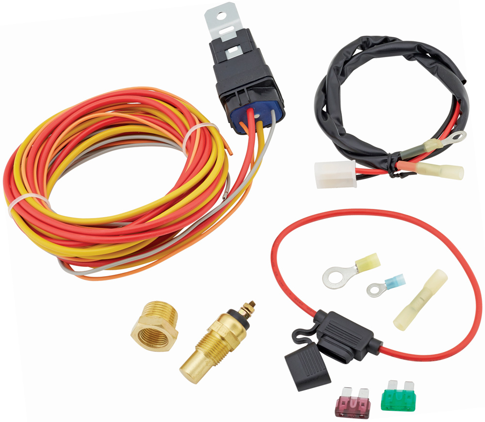 Basic electric fan relay wiring kit with temperature sensor, fuses, connectors, and relay