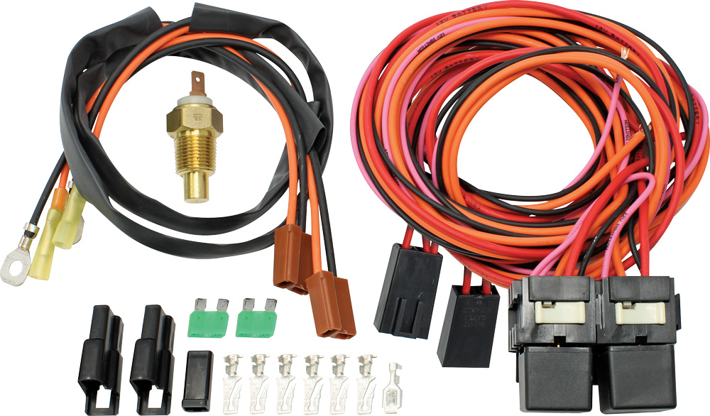 Dual relay fan wiring kit with harness, sensor, and assorted terminals and connectors
