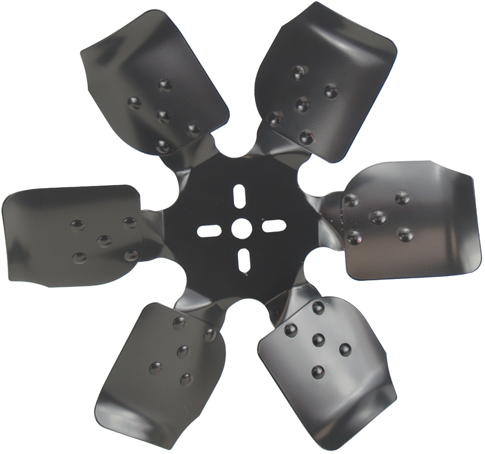 Traditional 6-blade steel mechanical fan with staggered riveted blades for improved airflow
