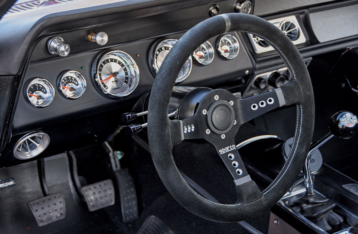 1966 Chevelle SS Sparco steering wheel AutoMeter gauges custom dash