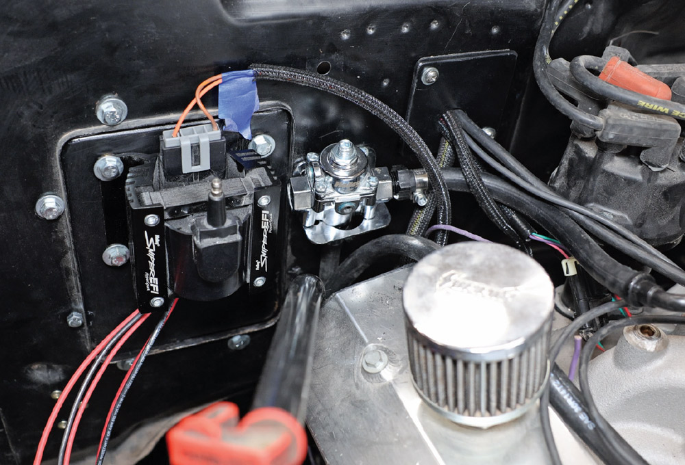 Dual Holley Sniper EFI HyperSpark ignition coils mounted on inner firewall plate