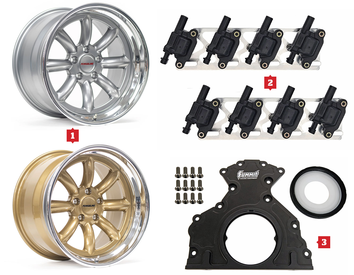 forgeline mlt3 polished and gold, all american billet coil relocator, and summit racing ls main seal housin