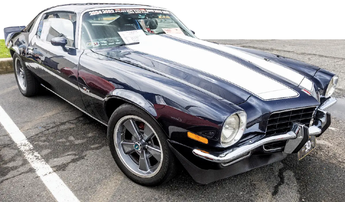 1971 Camaro Z28 black with white stripes 5-spoke gray wheels Pro Touring stance